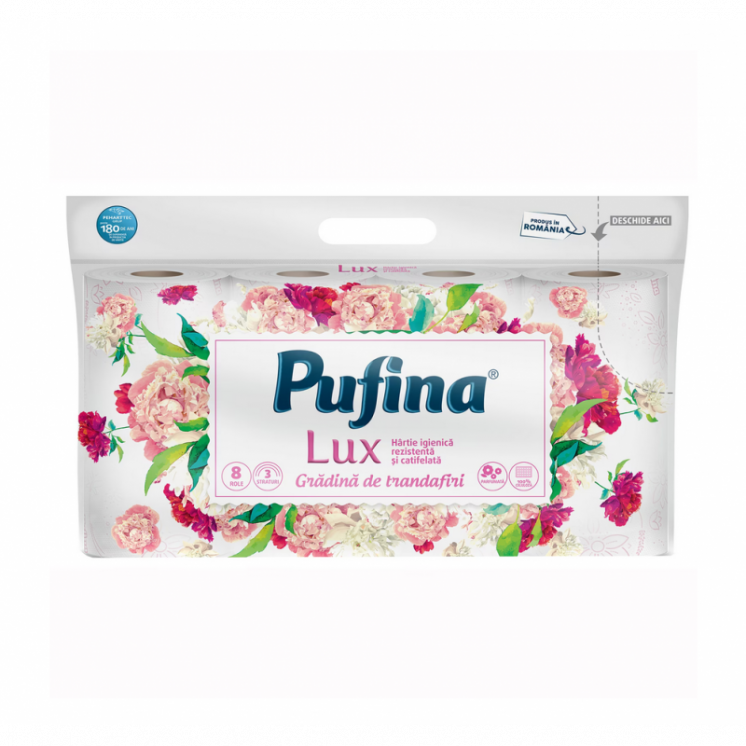 Hartie Igienică Pufina Lux Roses Cu 8 Role Si 3 Straturi